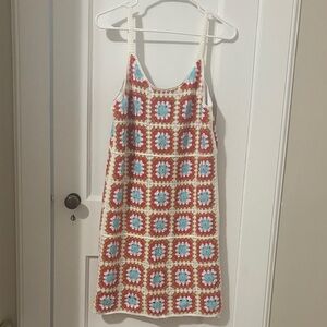 Handcrafted Crochet Midi Dress - Red, Blue, Cream